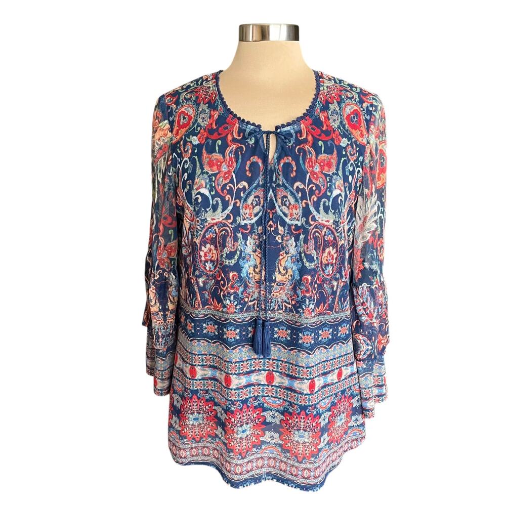 Reba Boho Western Blouse Mesh‎ Navy Burgundy Paisley Print MED Festival Casual